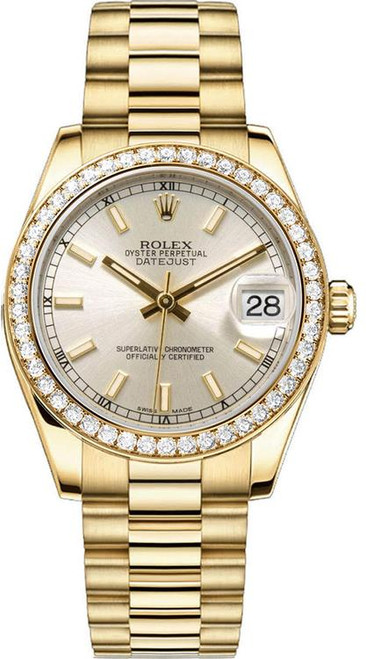 Rolex Women's President Midsize Factory Diamond Bezel on Silver Index Dial 68288 Rolex Women's President Midsize Factory Diamond Bezel on Silver Index Dial 68288