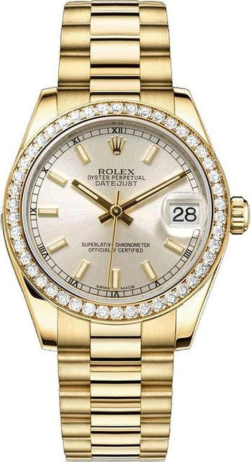 Rolex Women's President Midsize Factory Diamond Bezel on Silver Index Dial 68288