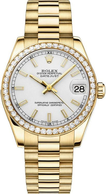 Rolex Women's President Midsize Factory Diamond Bezel on White Index Dial 68288