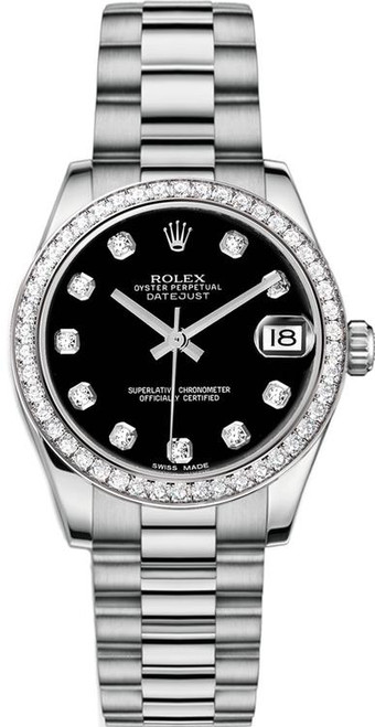 Rolex White Gold President Midsize Factory Diamond Bezel on Black Diamond Dial 31mm 68289