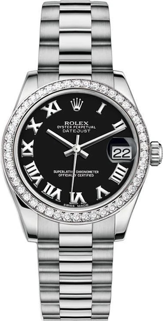 Rolex White Gold President Midsize Factory Diamond Bezel on Black Roman Dial 31mm 68289