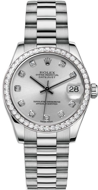 Rolex White Gold President Midsize Factory Diamond Bezel on Silver Diamond Dial 31mm 68289 Rolex White Gold President Midsize Factory Diamond Bezel on Silver Diamond Dial 31mm 68289