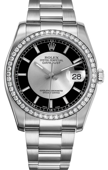 Rolex Datejust Stainless Steel Factory Diamond Bezel & Tuxedo Dial on Oyster Bracelet 116244 Rolex Datejust Stainless Steel Factory Diamond Bezel & Tuxedo Dial on Oyster Bracelet 116244