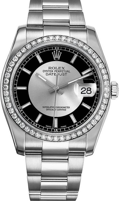 Rolex Datejust Stainless Steel Factory Diamond Bezel & Tuxedo Dial on Oyster Bracelet 116244
