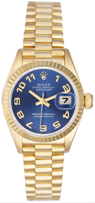 Rolex Women's President Yellow Gold Fluted Factory Blue Concentric Dial