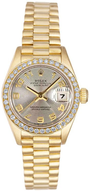 Rolex Women's President Yellow Gold Factory Diamond Bezel and Silver Concentric Dial