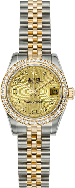 Rolex Women's New Style Two-Tone Datejust with Factory Diamond Bezel and Champagne Concentric Dial 179383