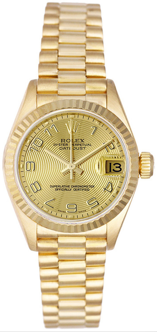 Rolex Women's President Yellow Gold Fluted Factory Champagne Concentric Dial