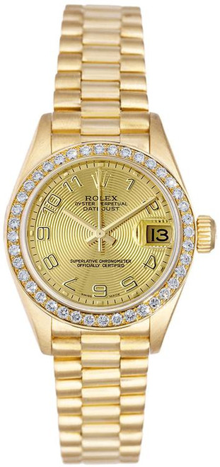 Rolex Women's President Yellow Gold Factory Diamond Bezel and Champagne Concentric Dial