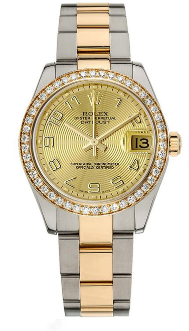 Rolex New Style Datejust Midsize Two Tone Factory Diamond Bezel and Champagne Concentric Dial Oyster