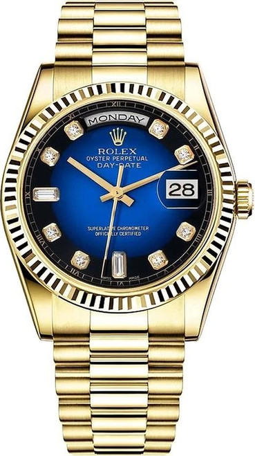 Rolex Men's Day Date President Yellow Gold factory Blue Vignette Diamond Dial 118238