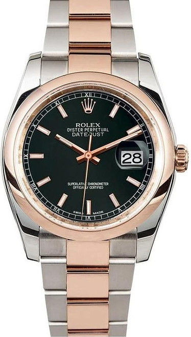 Rolex Datejust Rose Gold Black Index Dial on Smooth Bezel 116201