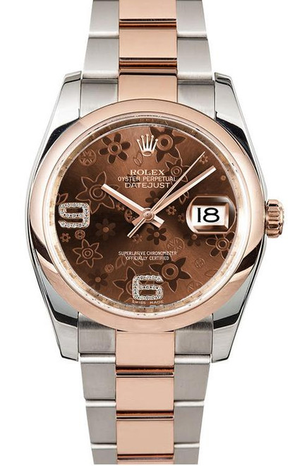Rolex Datejust Rose Gold Factory Chocolate Floral on Smooth Bezel 116201