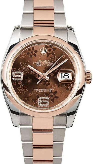Rolex Datejust Rose Gold Factory Chocolate Floral on Smooth Bezel 116201