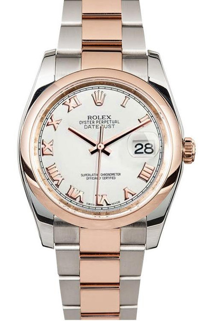 Rolex Datejust Rose Gold White Roman on Smooth Bezel 116201
