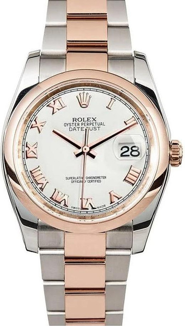Rolex Datejust Rose Gold White Roman on Smooth Bezel 116201