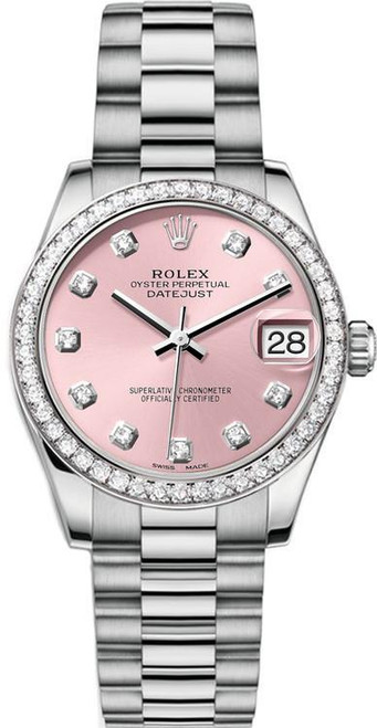 Rolex White Gold President Midsize Factory Diamond Bezel on Pink Diamond Dial 31mm 68289