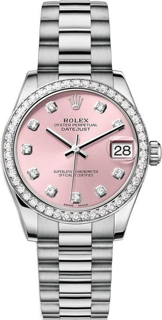 Rolex White Gold President Midsize Factory Diamond Bezel on Pink Diamond Dial 31mm 68289