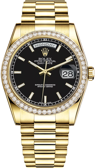 Rolex Men's Day Date President Yellow Gold New Style Black Index Dial Factory Diamond Bezel 18348