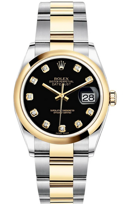 Rolex New Style Datejust Two Tone Smooth Bezel Factory Black Diamond Dial on Jubilee Bracelet