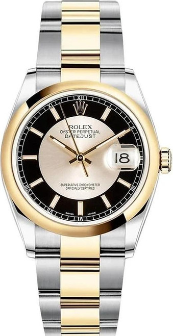 Rolex New Style Datejust Two Tone Smooth Bezel Factory Anniversary Black Tuxedo Dial