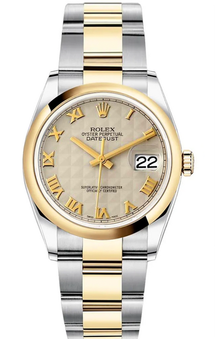 Rolex New Style Datejust Two Tone Smooth Bezel Ivory Pyramid Roman Dial