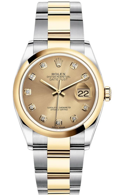 Rolex New Style Datejust Two Tone Smooth Bezel Factory Champagne Diamond Dial