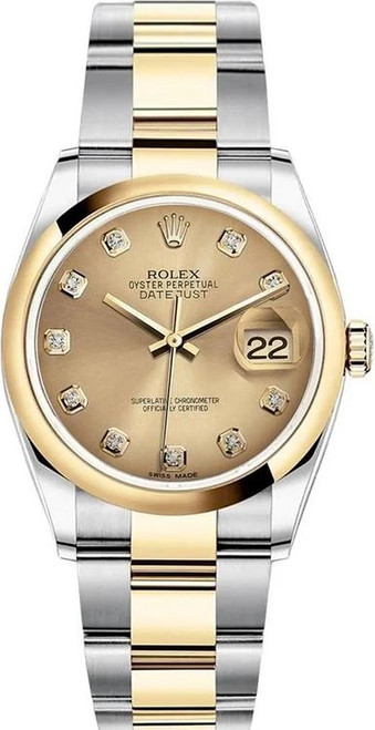 Rolex New Style Datejust Two Tone Smooth Bezel Factory Champagne Diamond Dial