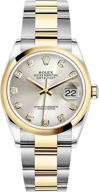 Rolex New Style Datejust Two Tone Smooth Bezel Factory Silver Diamond Dial on Jubilee Bracelet