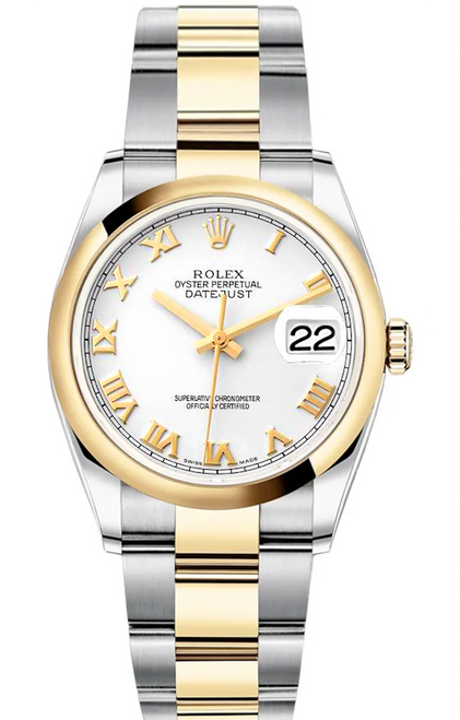 Rolex New Style Datejust Two Tone Smooth Bezel White Roman Dial