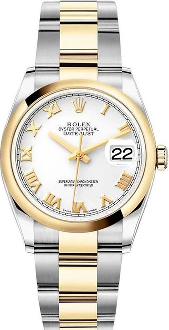 Rolex New Style Datejust Two Tone Smooth Bezel White Roman Dial