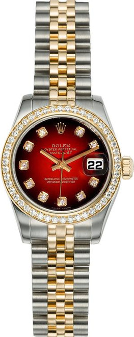 Rolex Women's New Style Two-Tone Datejust with Factory Diamond Bezel and Red Vignette Dial 179383 Rolex Women's New Style Two-Tone Datejust with Factory Diamond Bezel and Red Vignette Dial 179383