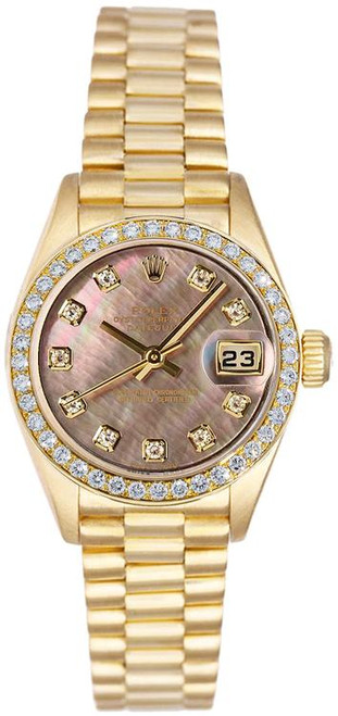 Rolex Women's President Yellow Gold Factory Diamond Bezel and Dark Mother of Pearl Diamond Dial 69138
