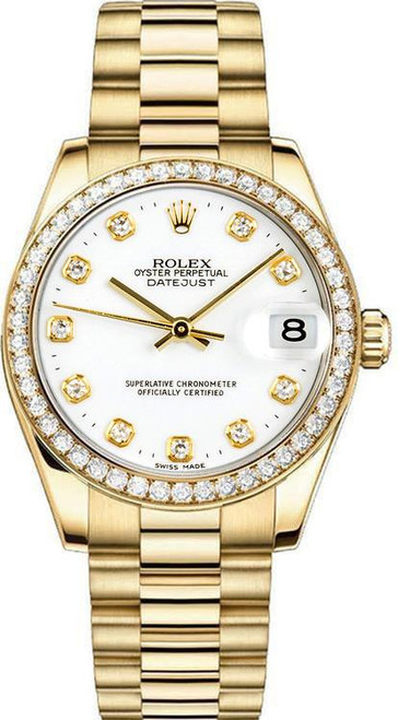 Rolex Women's President Midsize 31mm Factory Diamond Bezel White Diamond Dial 68288