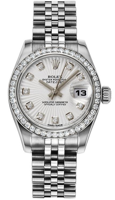 Rolex Women's New Style Steel Datejust with Factory Diamond Bezel and Silver Sunbeam Diamond Dial 179384