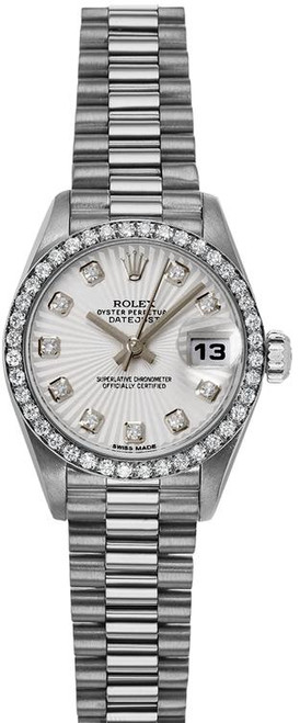 Rolex Women's White Gold President with Factory Diamond Bezel and Silver Sunbeam Diamond Dial 69139