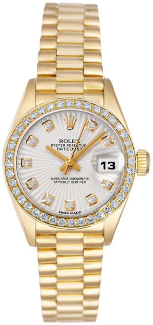 Rolex Women's President Yellow Gold Factory Diamond Bezel and Silver Sunbeam Diamond 69138 Rolex Women's President Yellow Gold Factory Diamond Bezel and Silver Sunbeam Diamond 69138