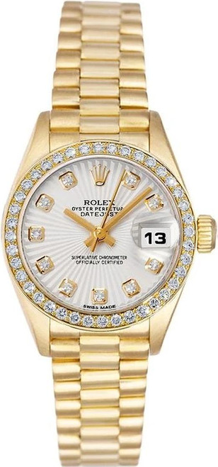 Rolex Women's President Yellow Gold Factory Diamond Bezel and Silver Sunbeam Diamond 69138