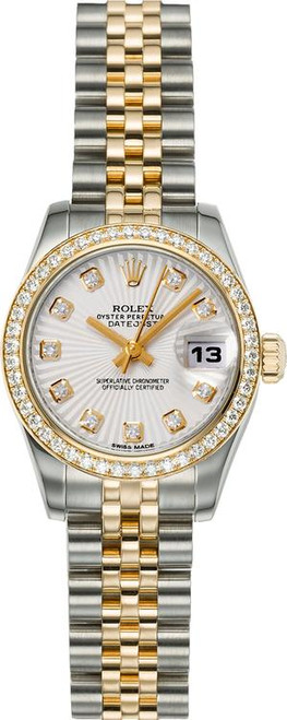 Rolex Women's New Style Two-Tone Datejust with Factory Diamond Bezel and Silver Sunbeam Diamond Dial 179383