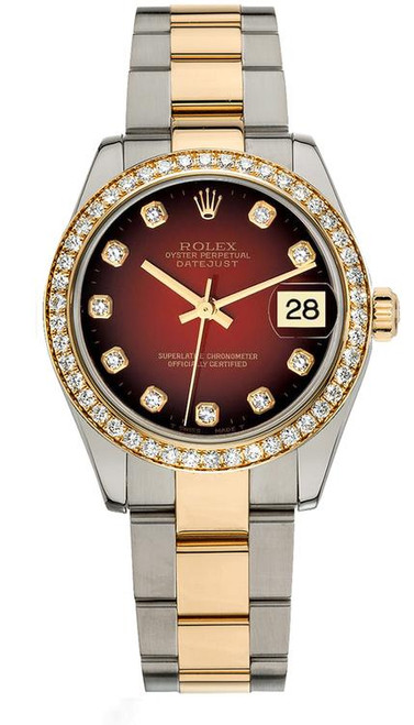 Rolex Datejust Midsize Two Tone Factory Diamond Bezel & Red Vignette  Diamond Dial on Oyster Bracelet 178383