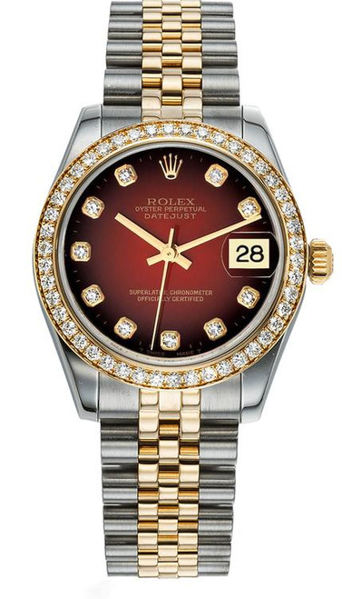 Rolex Datejust Midsize Two Tone Factory Diamond Bezel & Red Vignette Diamond Dial on Jubilee Bracelet 178383 Rolex Datejust Midsize Two Tone Factory Diamond Bezel & Red Vignette Diamond Dial on Jubilee Bracelet 178383