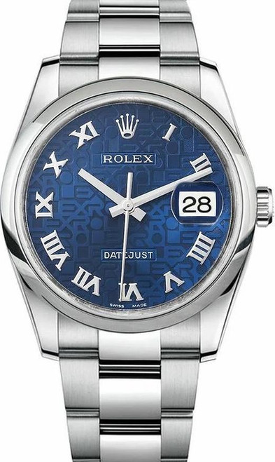 Rolex Datejust Stainless Steel Smooth Bezel and Blue Anniversary Roman Dial on Oyster Bracelet 116200
