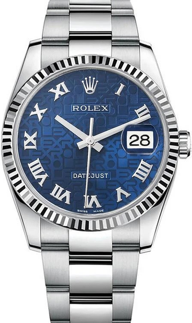 Rolex Datejust Stainless Steel  Fluted Bezel and Factory Blue Anniversary Roman Dial on Oyster Bracelet 116234