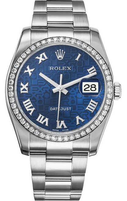 Rolex New Style Datejust Stainless Steel  Rolex Factory Diamond Bezel & Blue Anniversary Roman Dial on Oyster Bracelet 116244