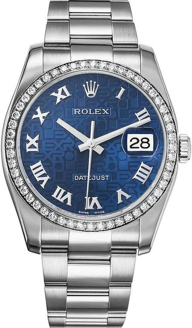Rolex New Style Datejust Stainless Steel  Rolex Factory Diamond Bezel & Blue Anniversary Roman Dial on Oyster Bracelet 116244