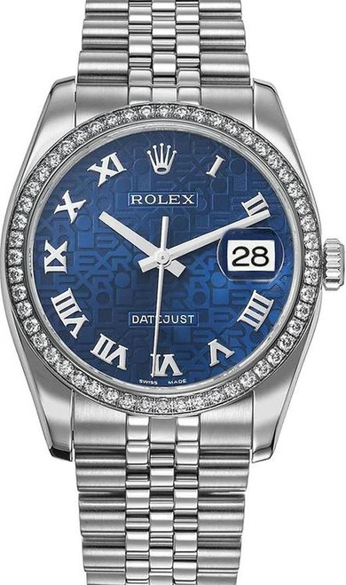 Rolex New Style Datejust Stainless Steel  Rolex Factory Diamond Bezel & Blue Anniversary Roman Dial on Jubilee Bracelet 116244