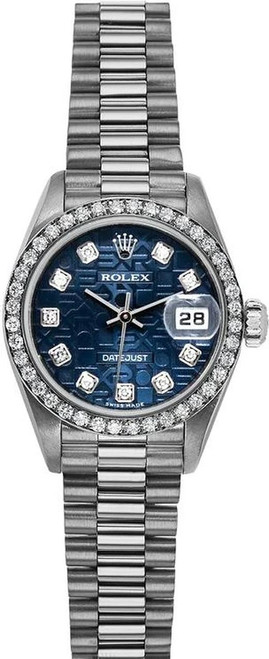 Rolex Women's White Gold President with Factory Diamond Bezel and Blue Anniversary Diamond Dial 69139