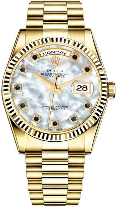 Rolex Yellow Gold Day-Date President 36mm Factory Sapphire Mother of Pearl Diamonds 18238