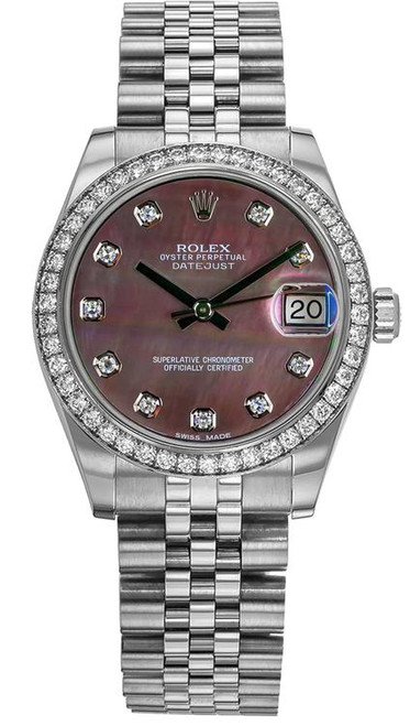 Rolex New Style Datejust Midsize Stainless Steel Factory Diamond Bezel and Dark Mother of Pearl Diamond Dial 178384 Jubilee