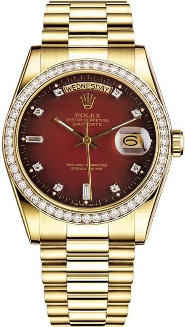 Rolex Men's Day Date President Yellow Gold Factory Diamond Bezel & Red Vignette 18348 Rolex Men's Day Date President Yellow Gold Factory Diamond Bezel & Red Vignette 18348